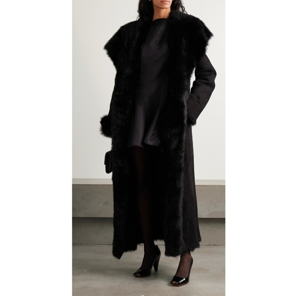 Reversible Genuine Shearling Sheepskin Coat Black Long Fur Winter Jacket L